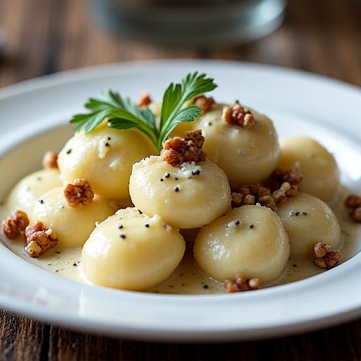 Piatto di gnocchi con salsa cremosa al gorgonzola e noci.