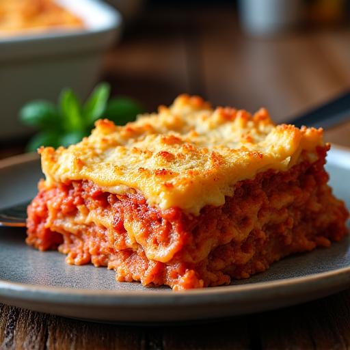 Porzione di lasagna al forno con crosta dorata di parmigiano.