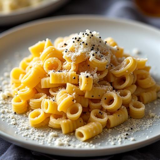 Piatto di tonnarelli cacio e pepe con una spolverata di pecorino.