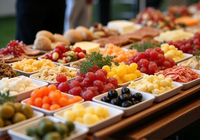 Buffet di catering con un'ampia selezione di formaggi, salumi e stuzzichini.