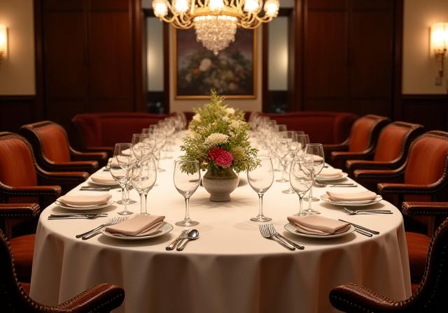 Sala da pranzo privata elegantemente apparecchiata per una cena.