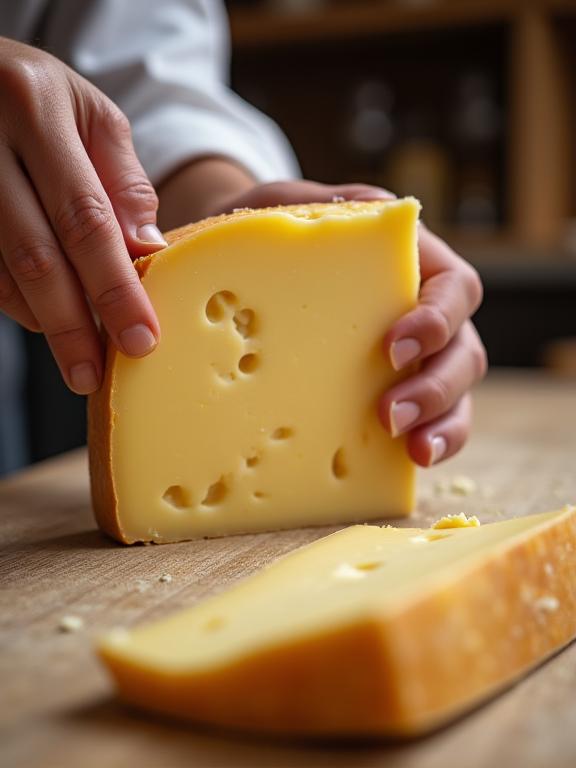 Mani esperte di un casaro che girano una forma di formaggio pecorino.