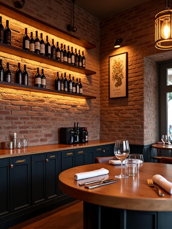 Dettaglio dell'interno del ristorante Gelo Gourmet con pareti in mattoni e scaffali di vino.
